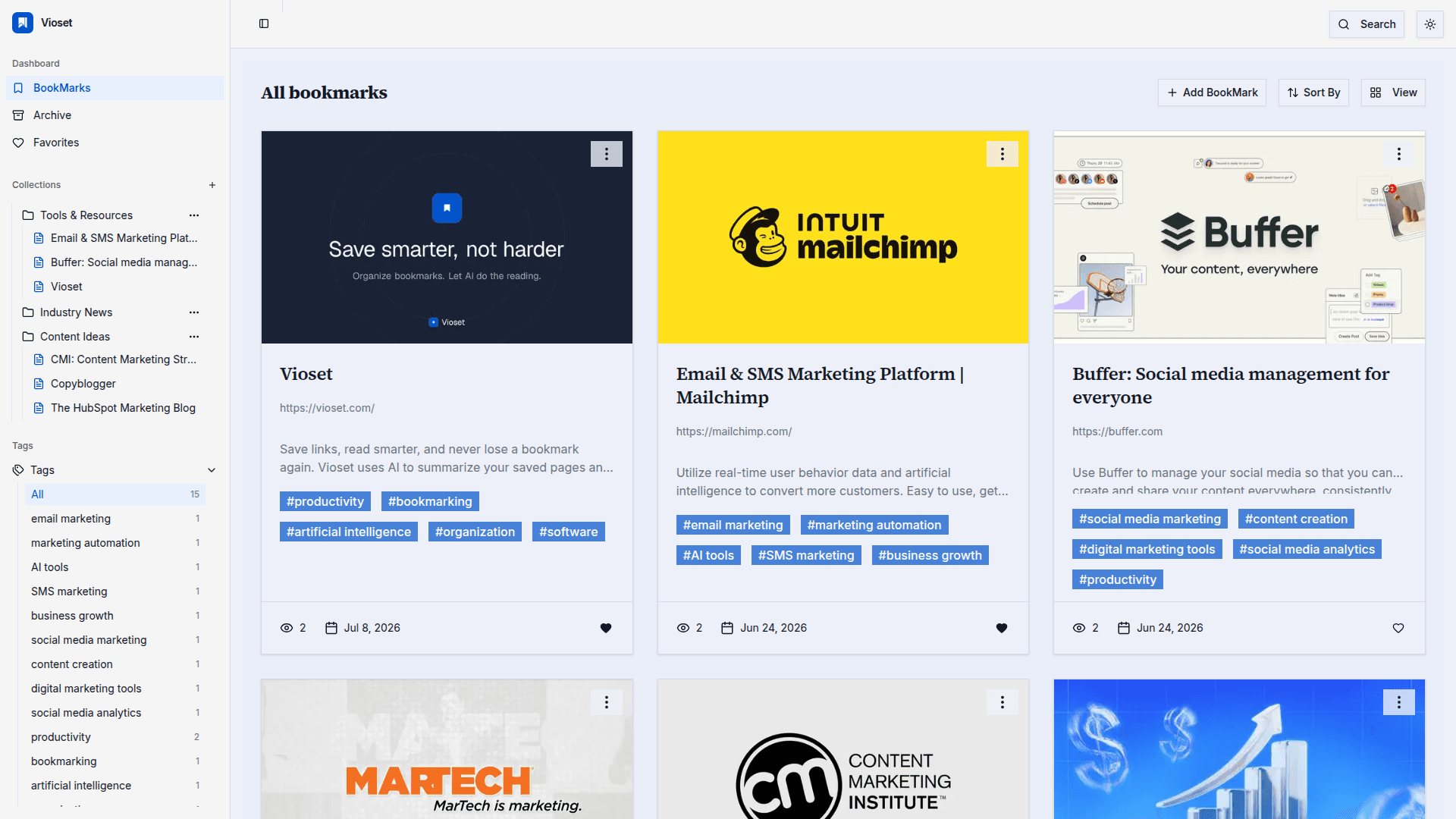 Vioset dashboard showing saved bookmarks organized into collections with AI-generated summaries